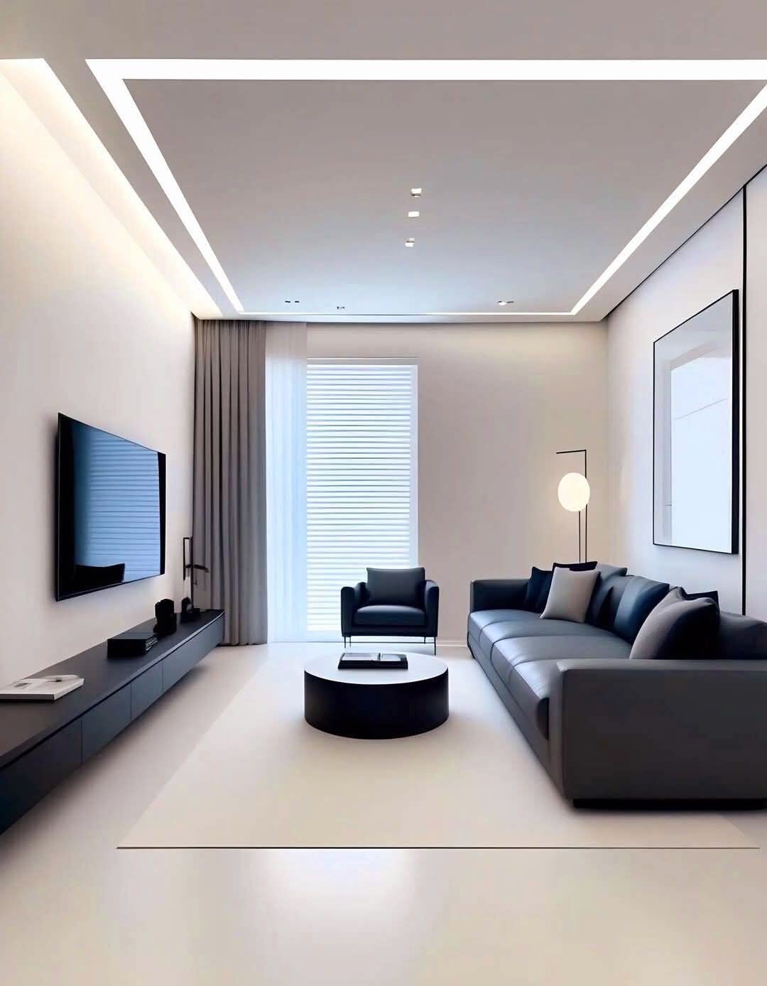 Warm cove lighting ceiling above a living room